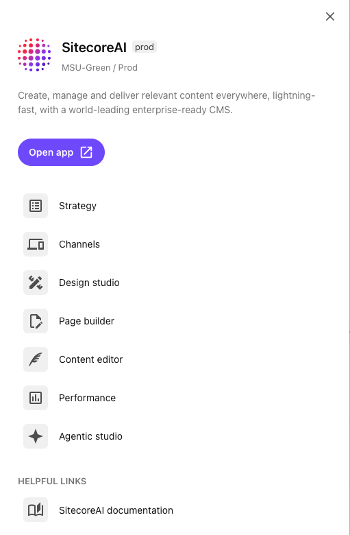 A list of SitecoreAI tools includes Strategy, Channels, Design studio, Page builder, Content editor, Performance and Agentic studio