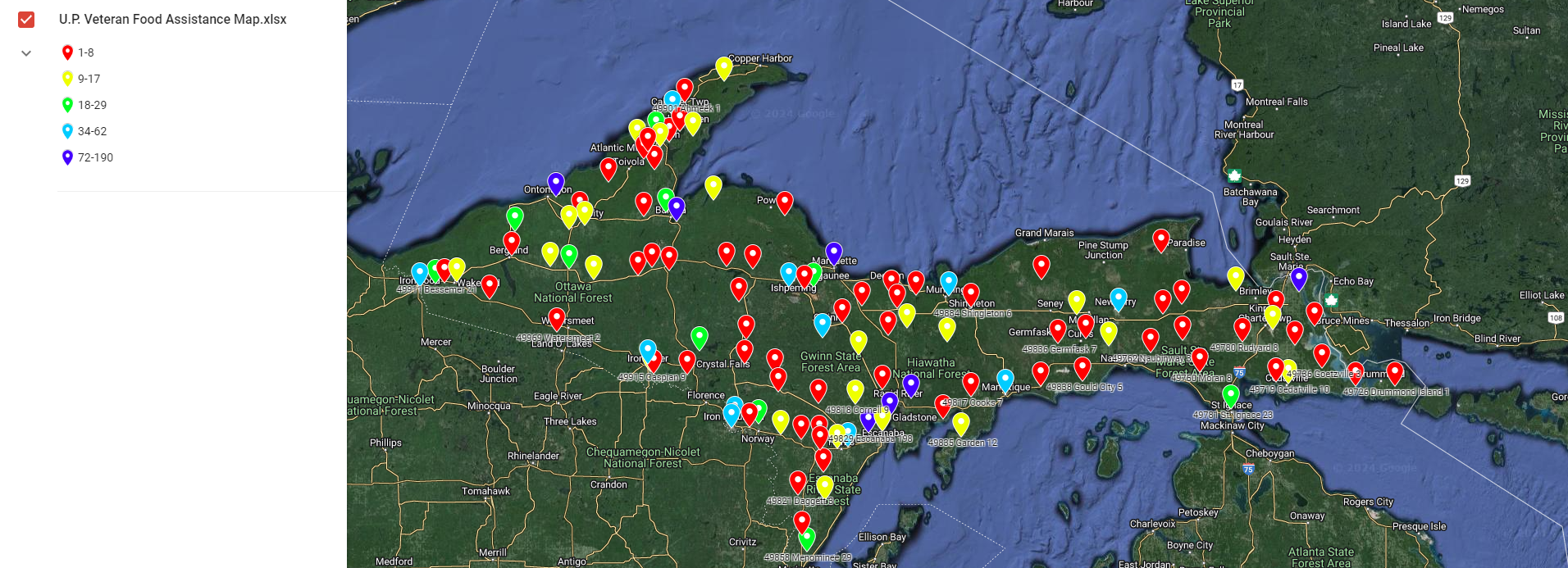 U.P. Veteran Food Assistance Map