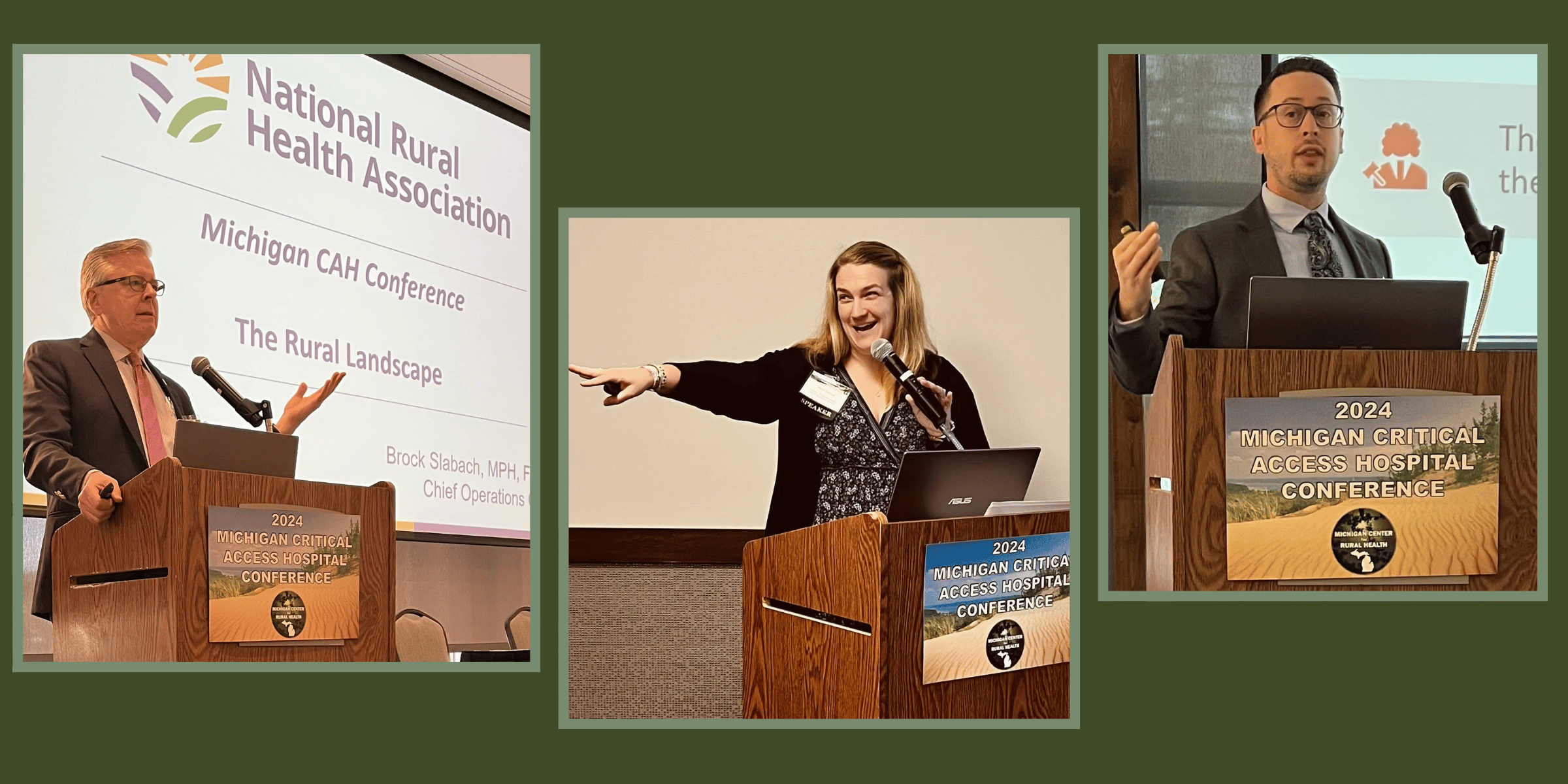 Three images of speakers presenting at the Michigan Critical Access Hospital Conference, each with a podium displaying the conference poster.