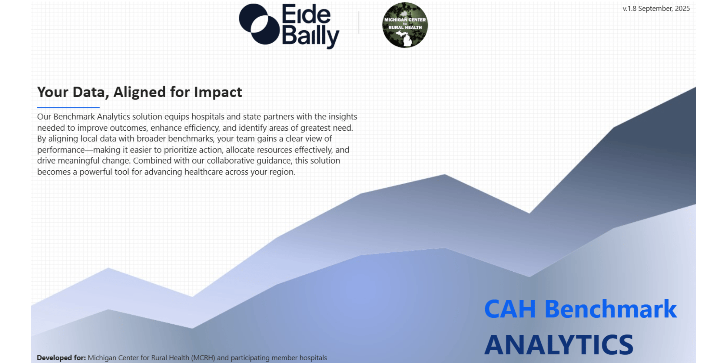 Promotional graphic for CAH Benchmark Analytics with blue mountain graph and logos.