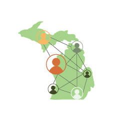 light green Michigan with people icons with lines connecting them spread across the state.