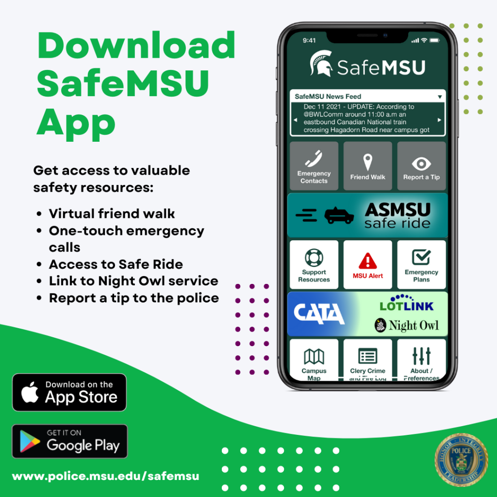 Graphic showing SafeMSU mobile app.