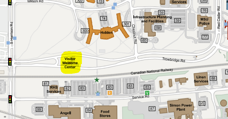 Map of the southwest portion of campus, highlighting the location of the Visitor Center