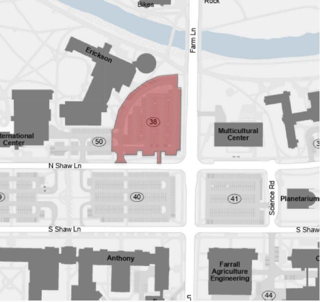 campus map identifying lot 38