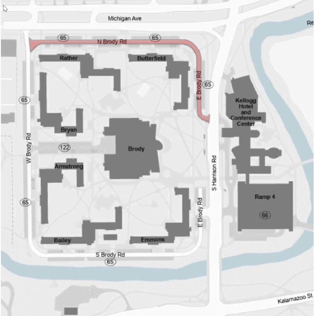 Campus map identifying lot 65