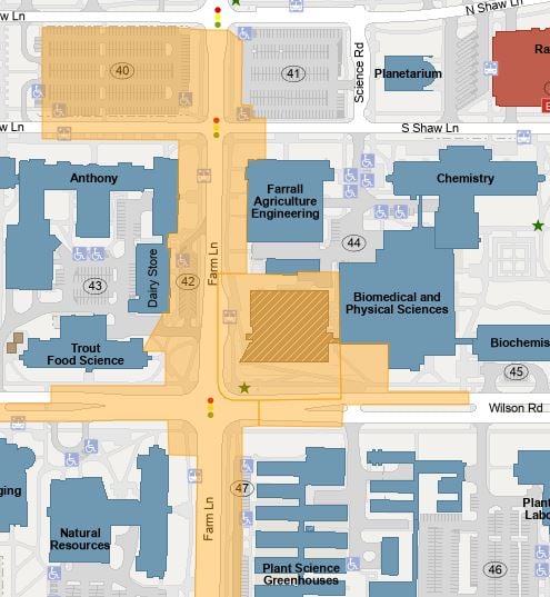 Campus map identifying lots 40, 42, and 47