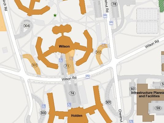 Campus map identifying lots around Wilson Hall