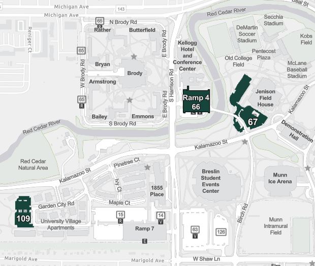 Brody neighborhood and campus apartments visitor parking lots