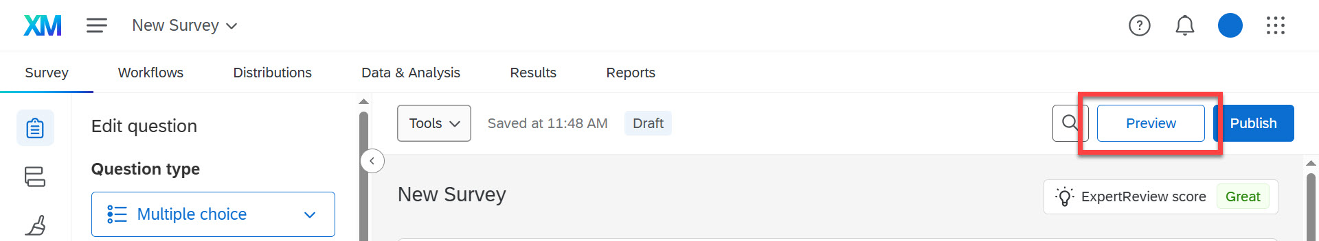 Qualtrics survey editor screen with the “Preview” button highlighted