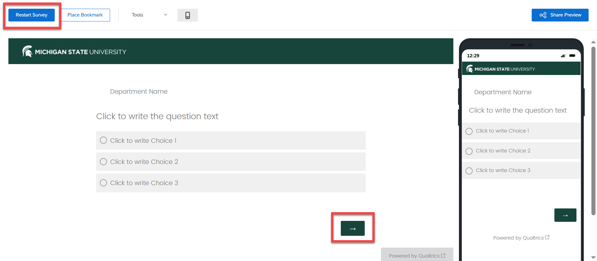Qualtrics survey preview showing a Michigan State University-branded question page
