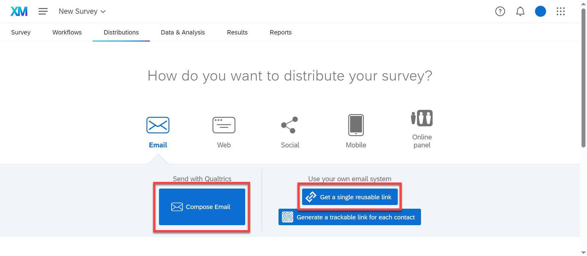 Qualtrics “Distribute Survey” screen with options highlighted