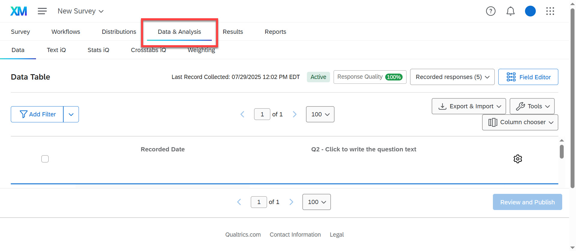 Qualtrics “Data & Analysis” tab highlighted