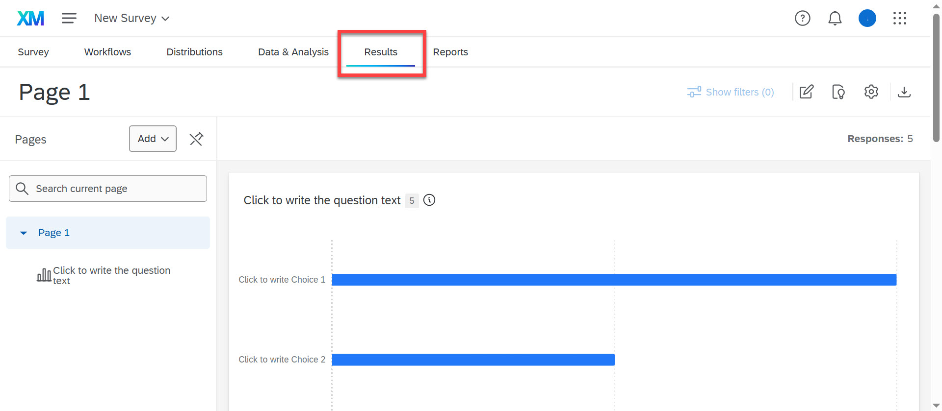 Qualtrics “Results” tab highlighted, showing a summary page with response data