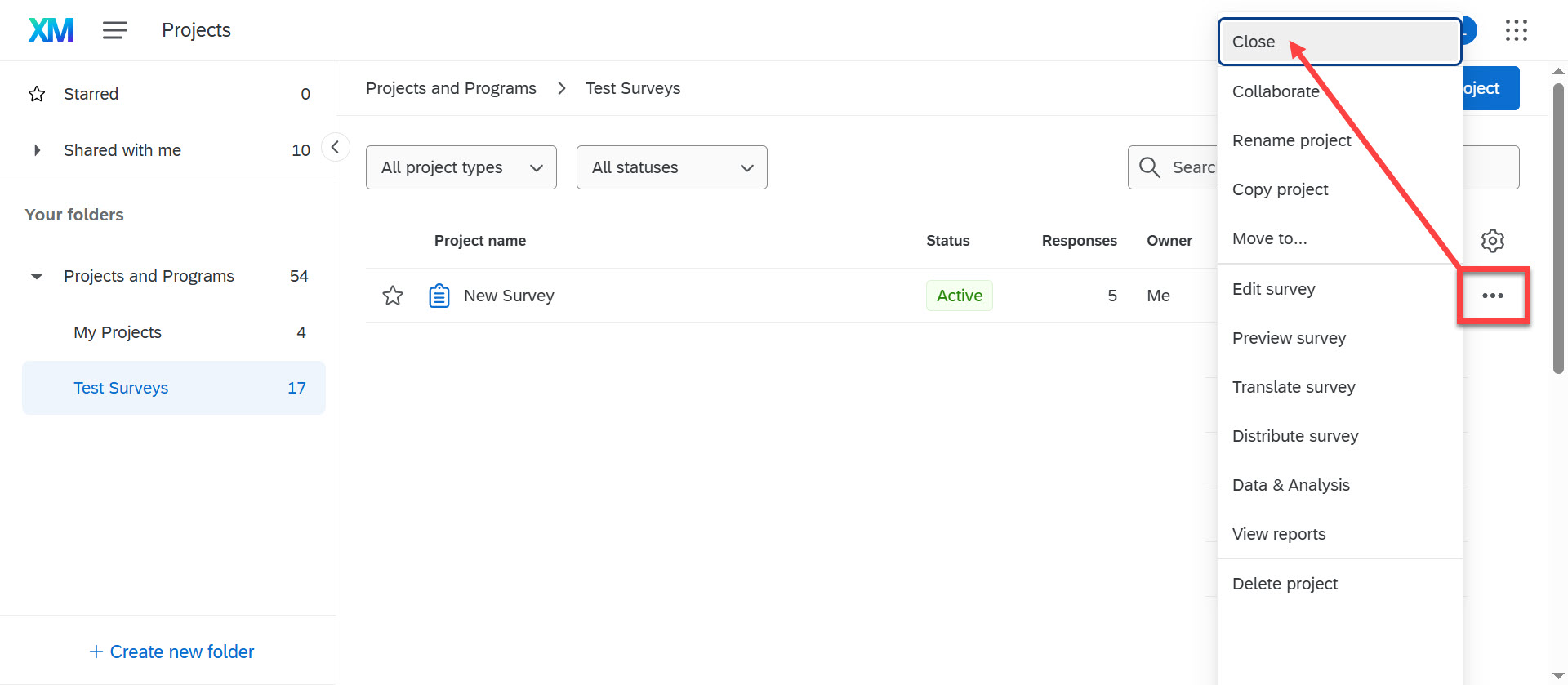 Qualtrics Projects page with the “Close” option highlighted in the survey menu.