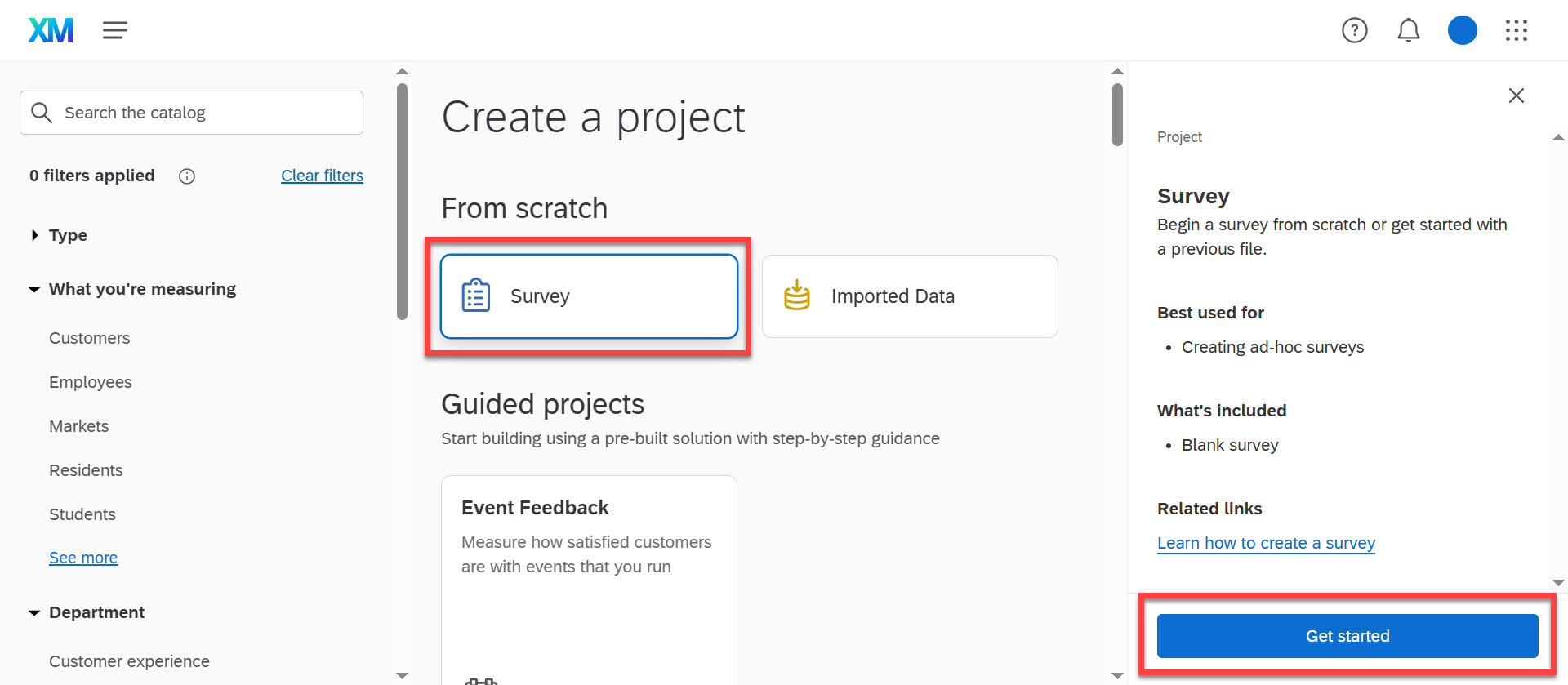 Qualtrics “Create a project” page with the “Survey” option and “Get started” button highlighted.