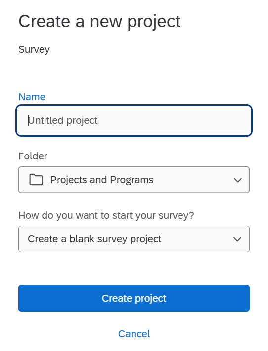 Qualtrics “Create a new project” form with fields for project name, folder selection, survey start options, and a “Create project” button.