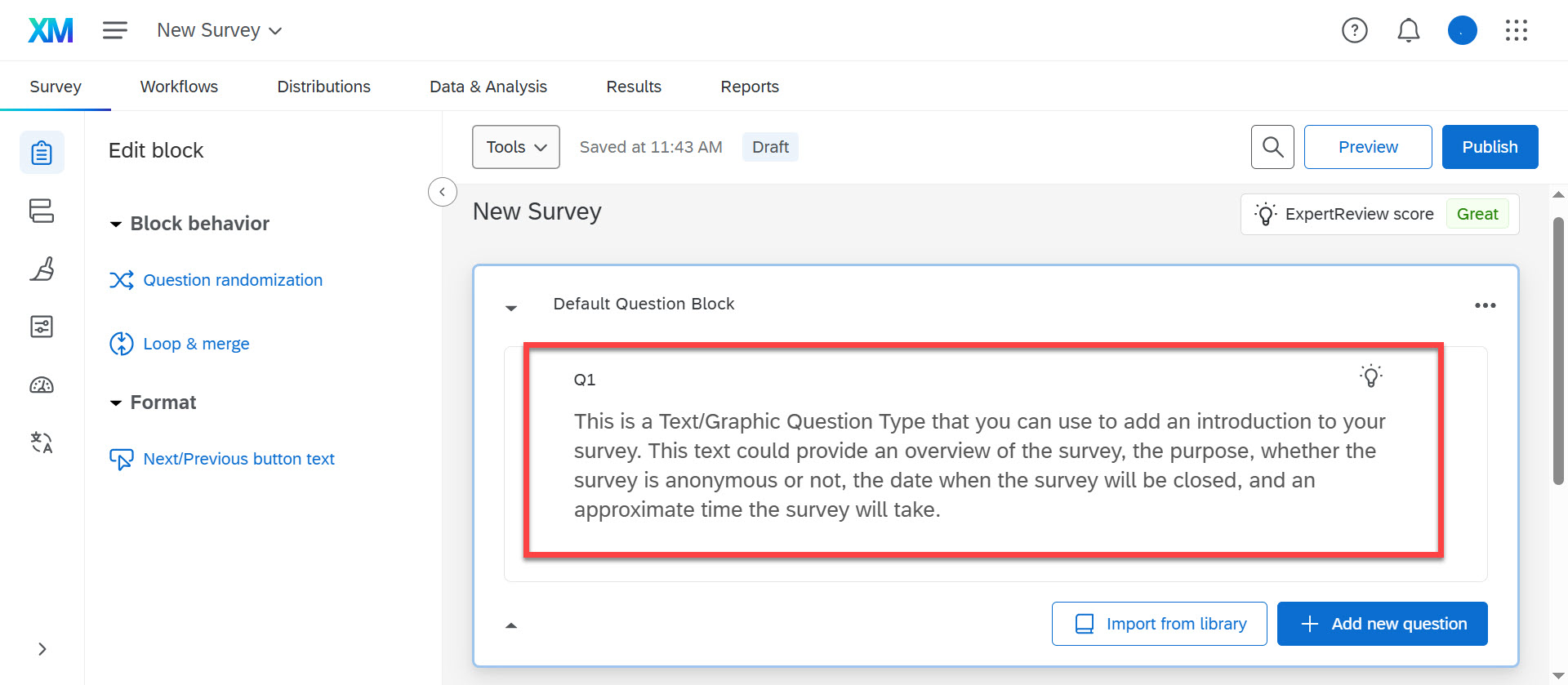 Qualtrics “Edit block” screen showing a sample Text/Graphic question