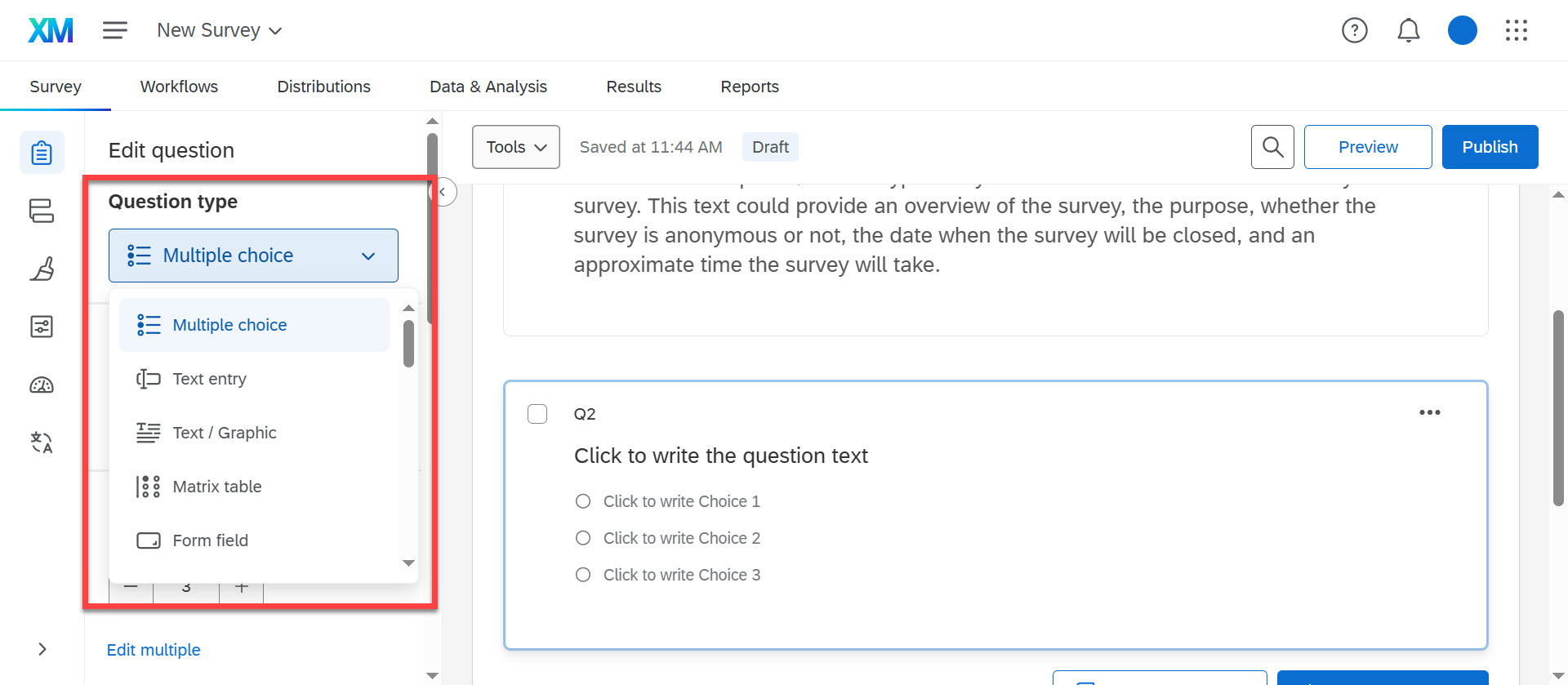 Qualtrics “Edit question” screen showing the Question type menu