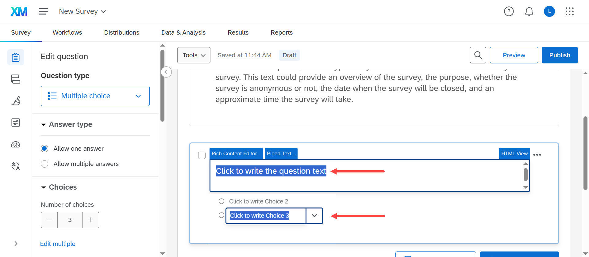 Qualtrics “Edit question” screen showing a multiple-choice question with editable fields
