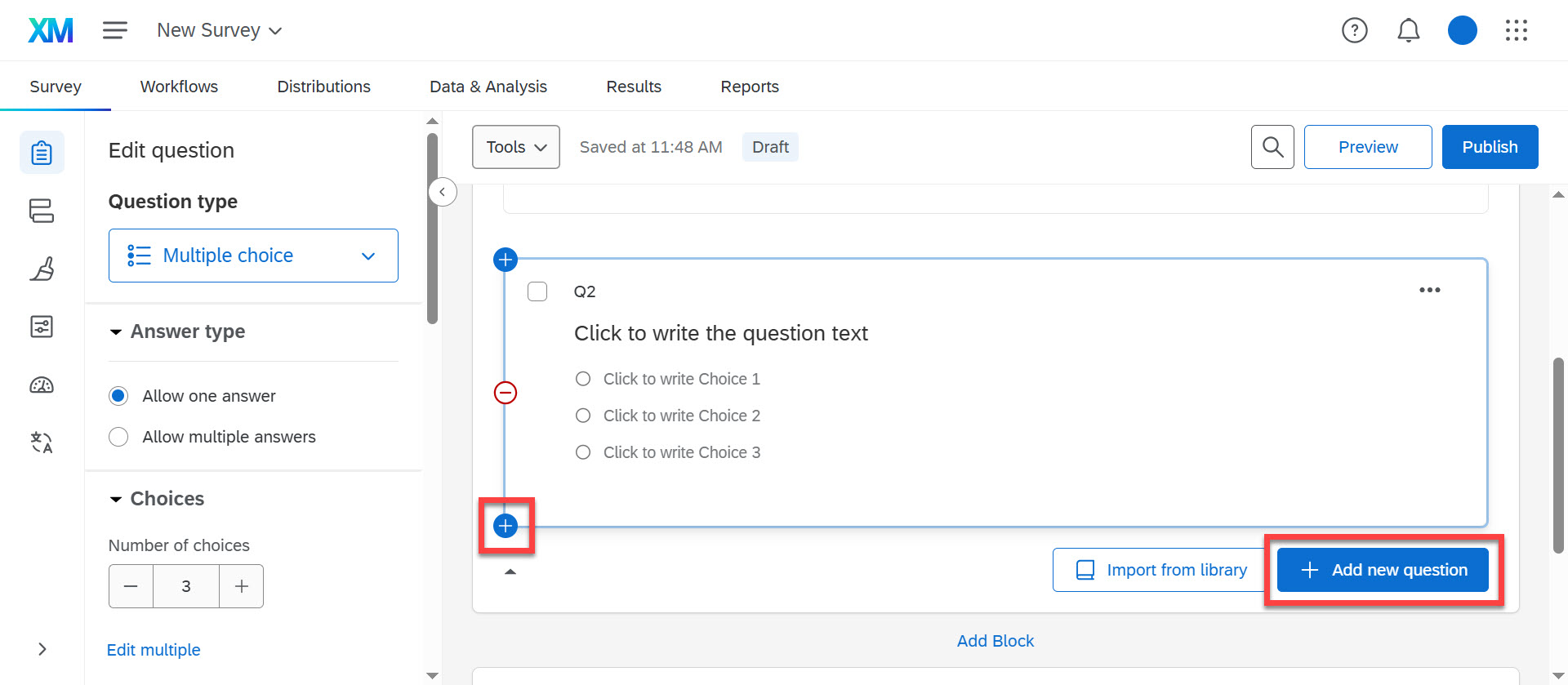 Qualtrics “Edit question” screen with the “Add new question” button and plus icon highlighted.