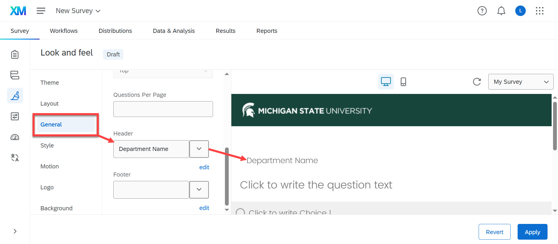 Qualtrics “Look and feel” page showing the General tab selected