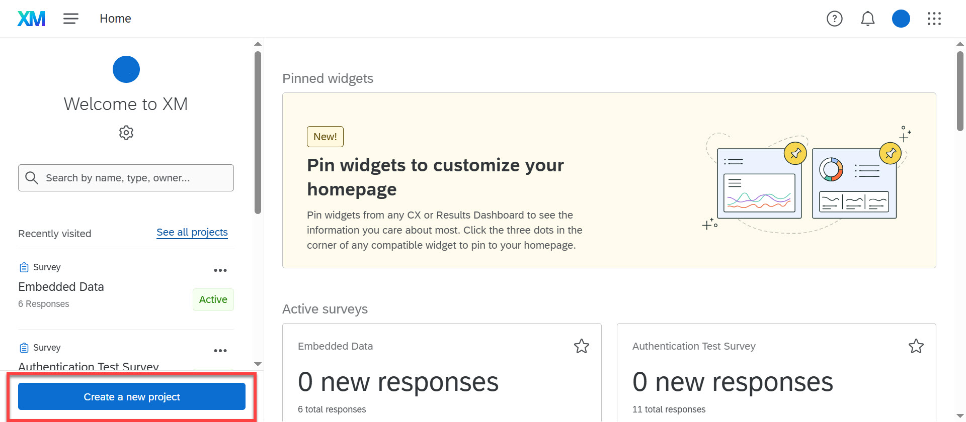 Qualtrics XM homepage with a highlighted “Create a new project” button.