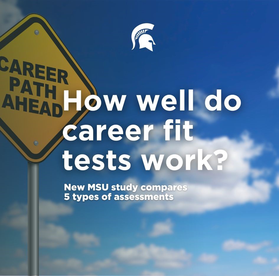 A graphic with a yellow road sign with a blue sky and clouds behind it that reads How well do Career fit tests work? New MSU Study compares 5 types of assessments. The Spartan Helmet is also on this graphic on top.
