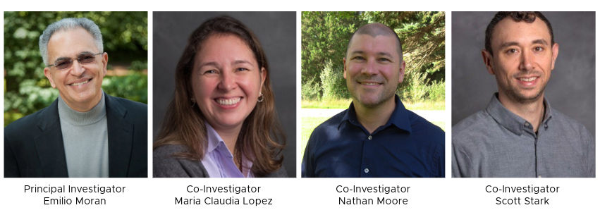 Photo of four headshots side by side of Emilio Moran, Maria Claudia Lopez, Nathan Moore, Scott Stark, all MSU researchers