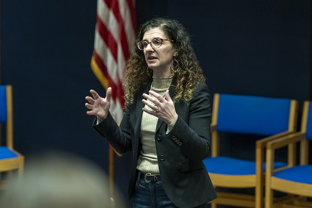 Dr. Kirsten Fermaglich, a professor of history and Jewish Studies at MSU speaks to a crowd