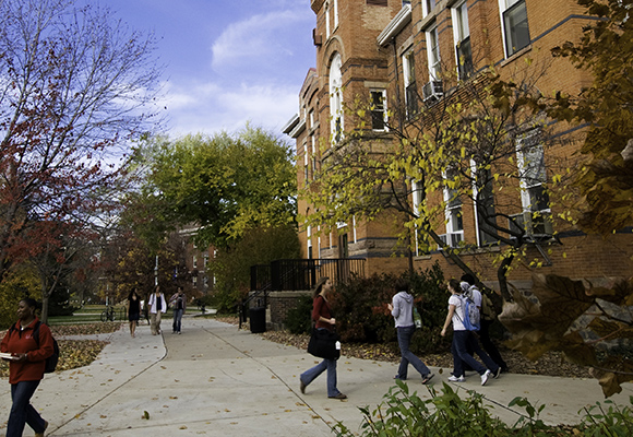 People walking outside Linton Hall
