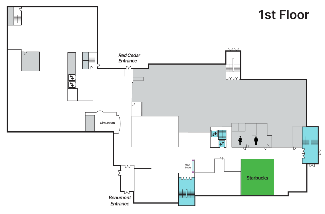 Map of MSU Library first floor showing entrances, Starbucks, stairs, elevator, restrooms, and Circulation desk locations.