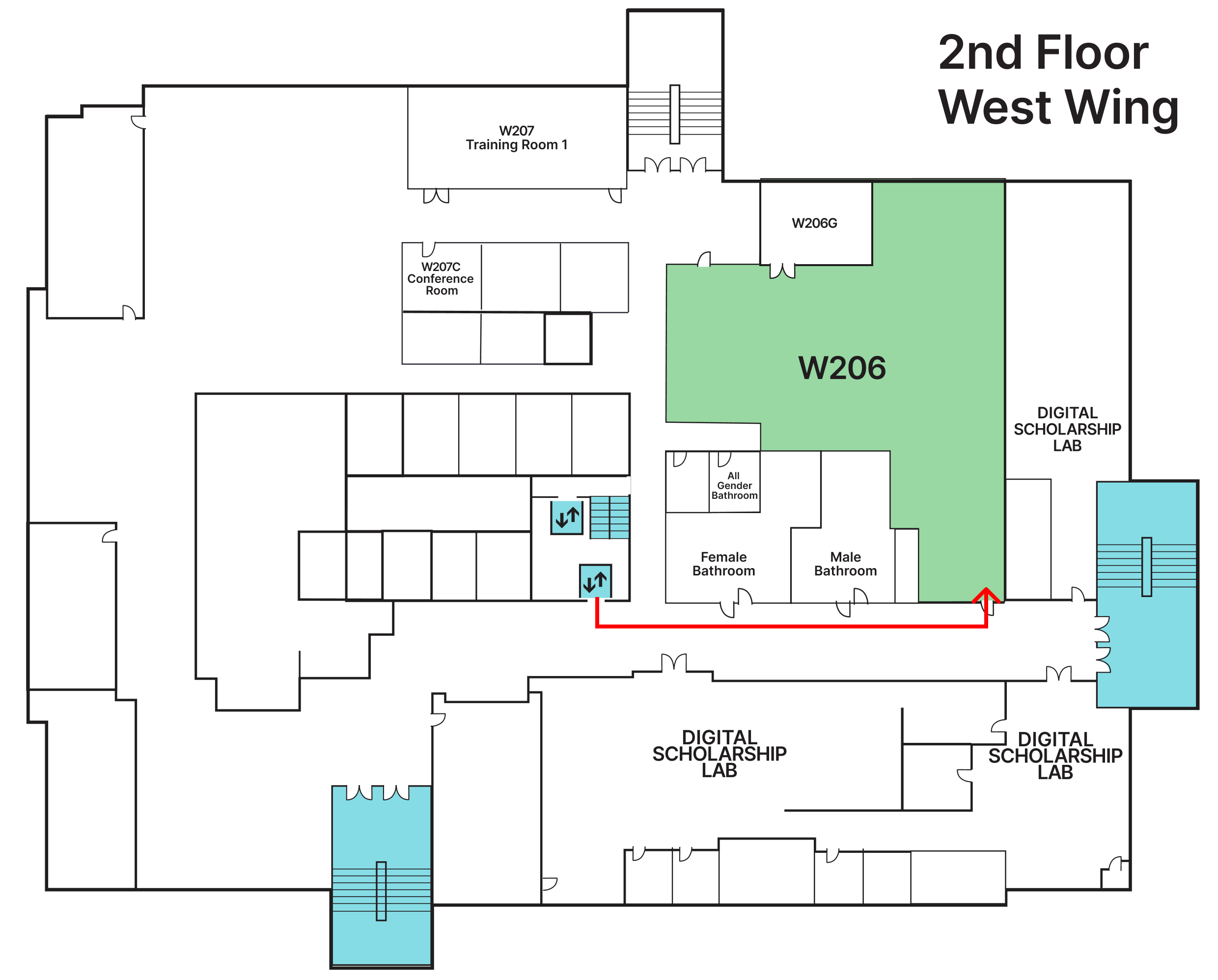 floor plan showing route to Rm W206