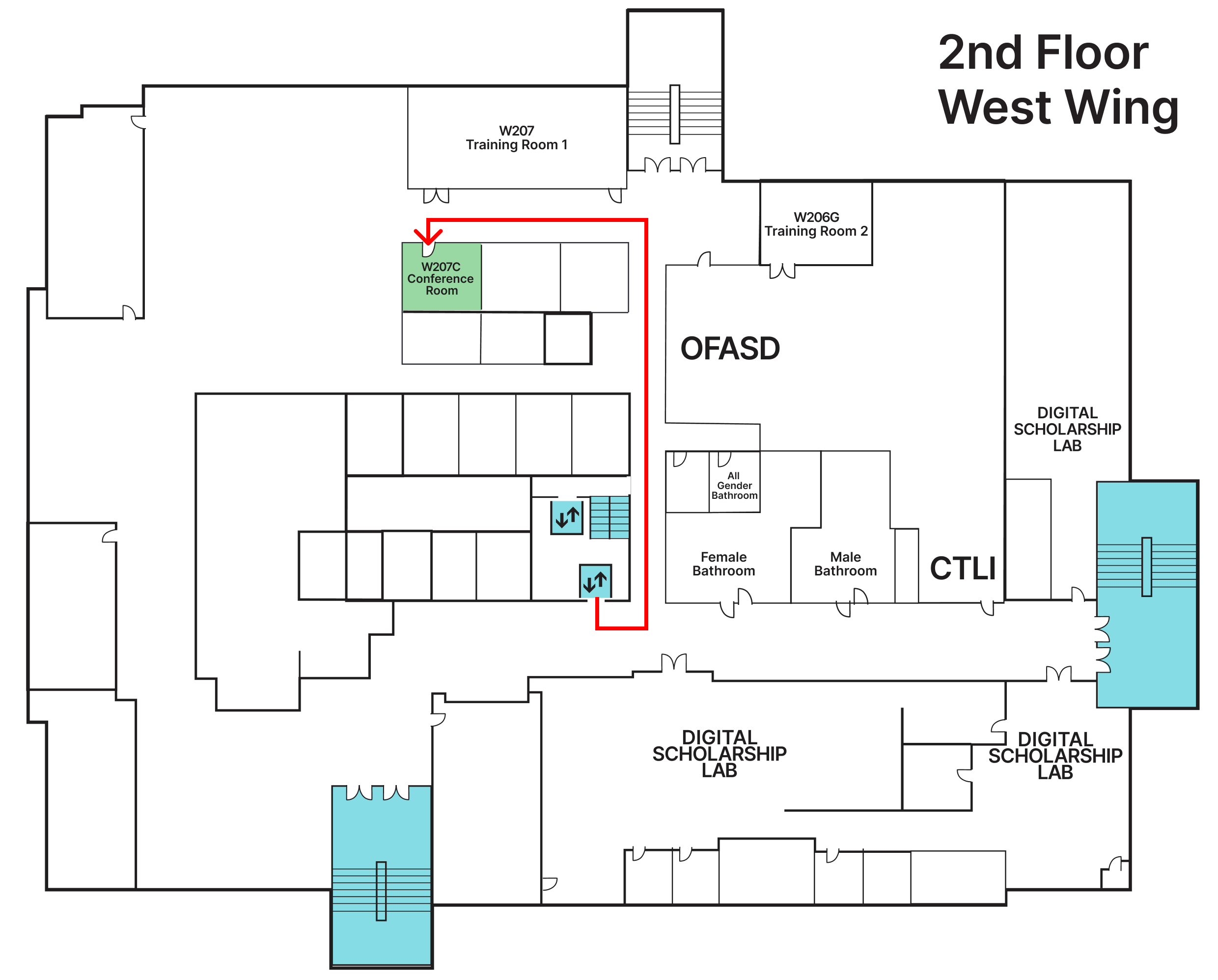 A floor plan with a route marked in red