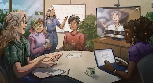 An illustration of a diverse group of people collaborating around a table in a modern workspace. One person is taking notes on a tablet, another is gesturing while speaking, and others are listening attentively. A whiteboard with diagrams is in the background, and a large screen shows a person participating in the meeting through video call. A coffee mug and notepads are on the table. 