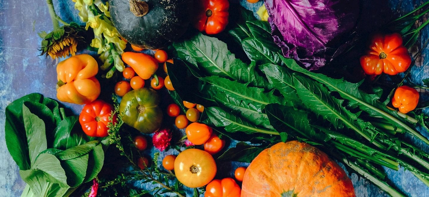 Various vegetables presented on a table, including pumpkins, tomatoes, peppers, cabbage, and greens