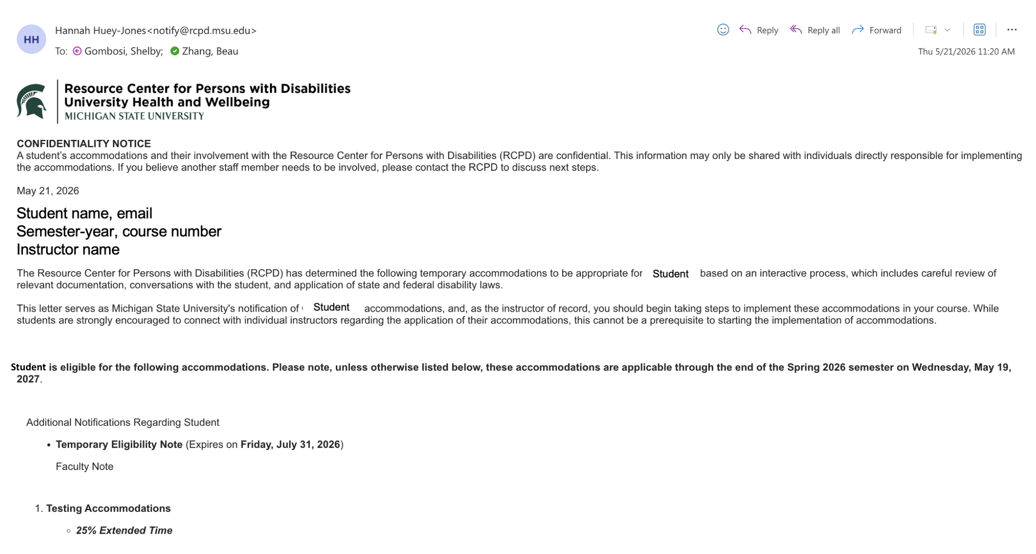 Screenshot of an accommodation letter notification email from AccessMSU featuring the RCPD unit signature at the top, a confidentiality notice, student info, description of the letter, and then the actual accommodations listed. 