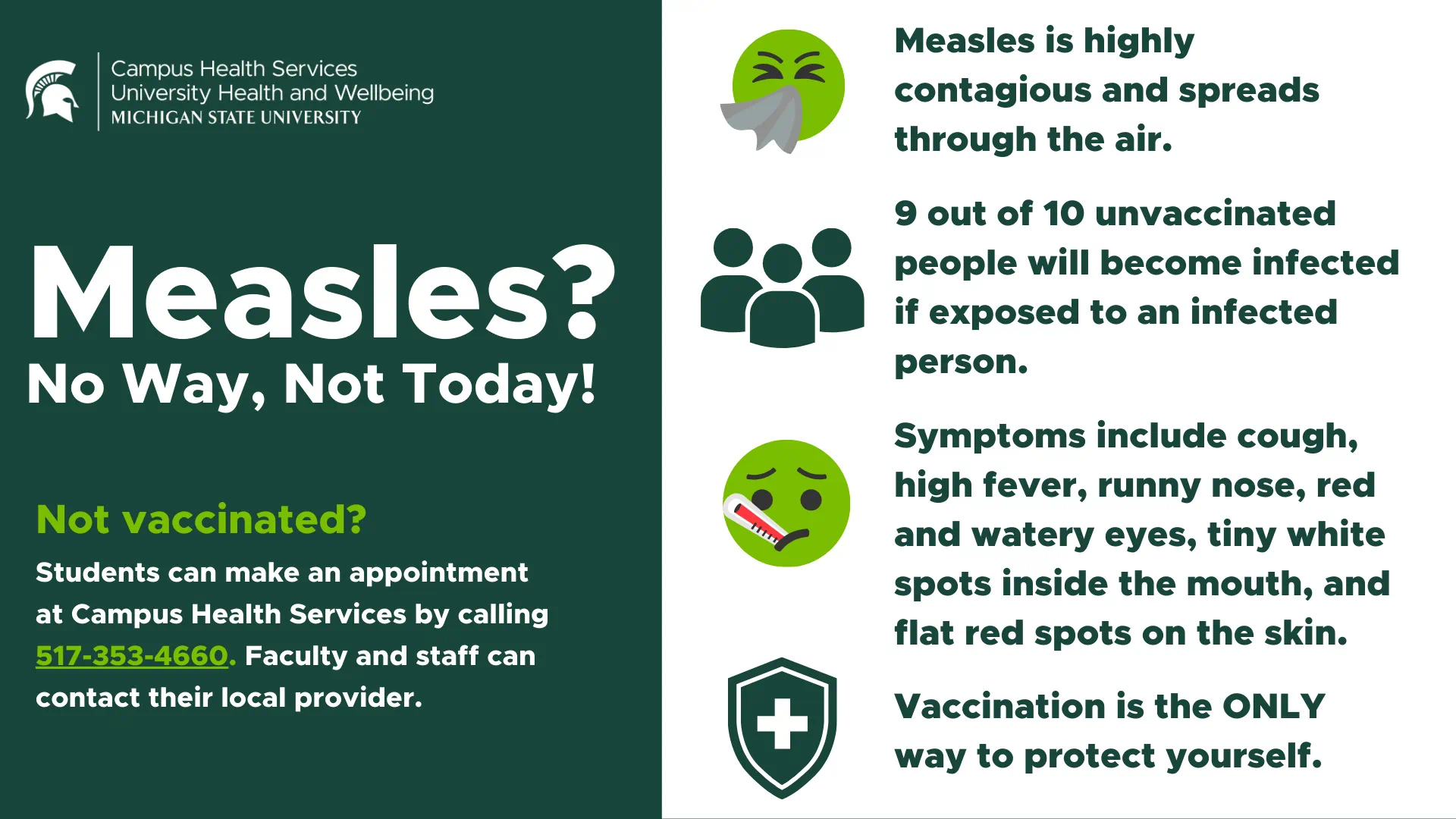 Measles, No way, not today informational graphic