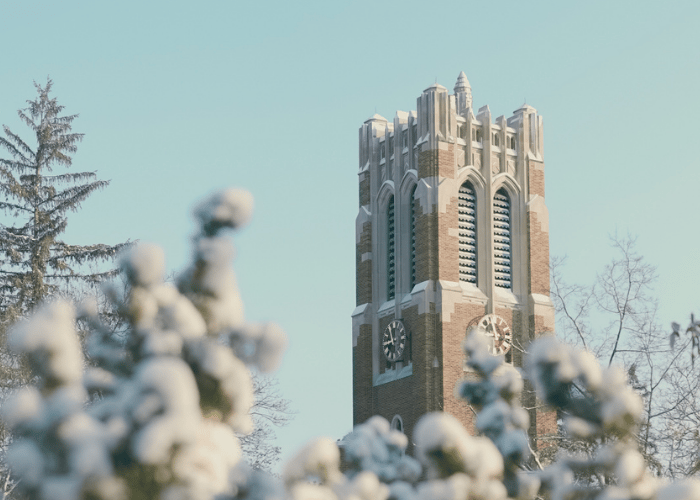 Photo of Beaumont Tower in the winter snow
