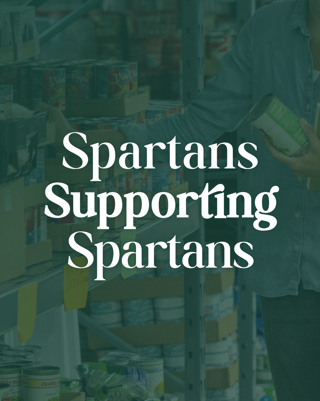 a photo of hands grabbing food off shelves, with a text overlay that says