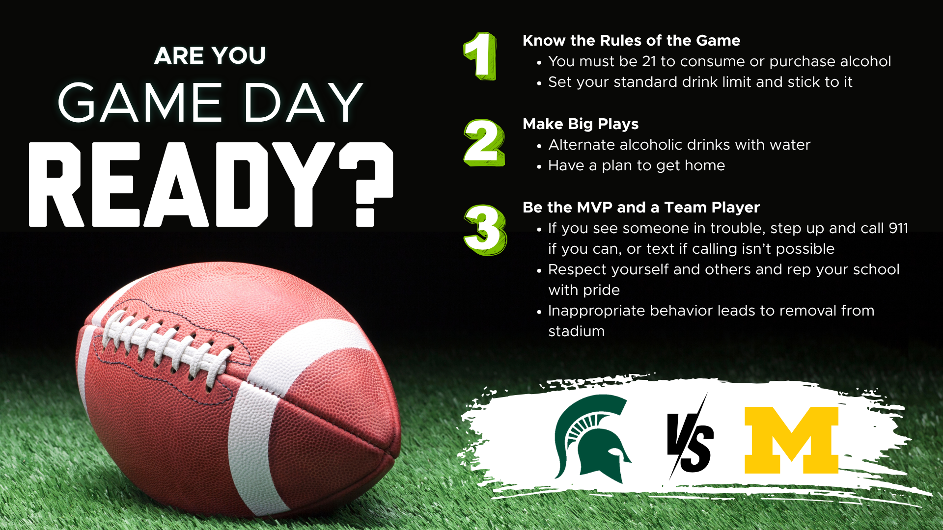 Graphic listing the Game day safety tips with MSU vs UM logos