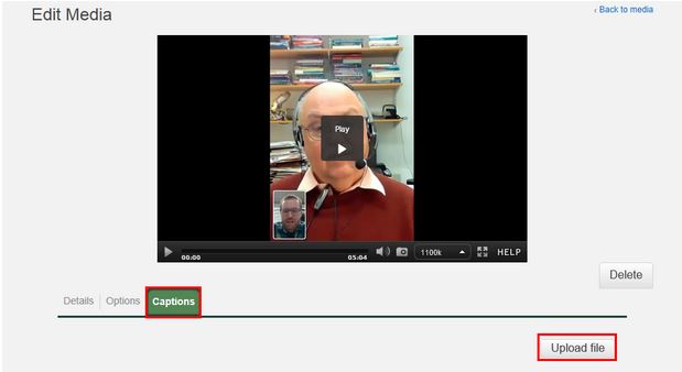 Screenshot of the Edit Media page with a video and Captions and Upload File selected