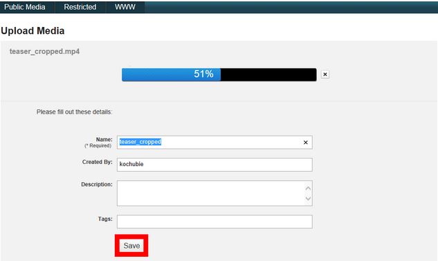 Screenshot of the Upload Media section with a video 51 percent uploaded. Name and Created By text boxes are filled out appropriately