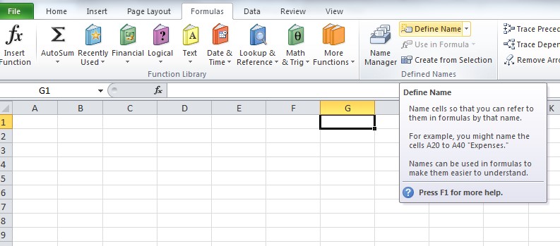 The Define Name option is highlighted under the Formulas section in the top navigation.