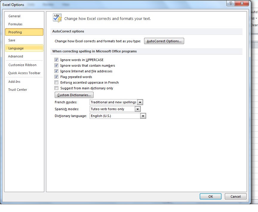 The Excel Options menu. Proofing is the default option in the left navigation. Language in the left navigation is being hovered over.