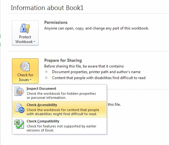 The Check Accessibility option under Check for Issues is highlighted. This section is still under the Info tab under File.