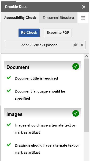 A screen shot of a portion of the Grackle Docs accessibility check panel displaying sections titled Document and Images.