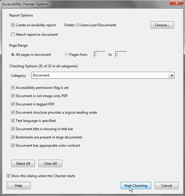 Accessibility Checker Options dialog box. All options are enabled with the Start Checking button located on the lower right