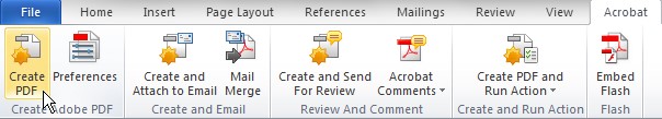 Acrobat tab of the top ribbon. Create PDF, the first item in the Acrobat toolbar, is highlighted