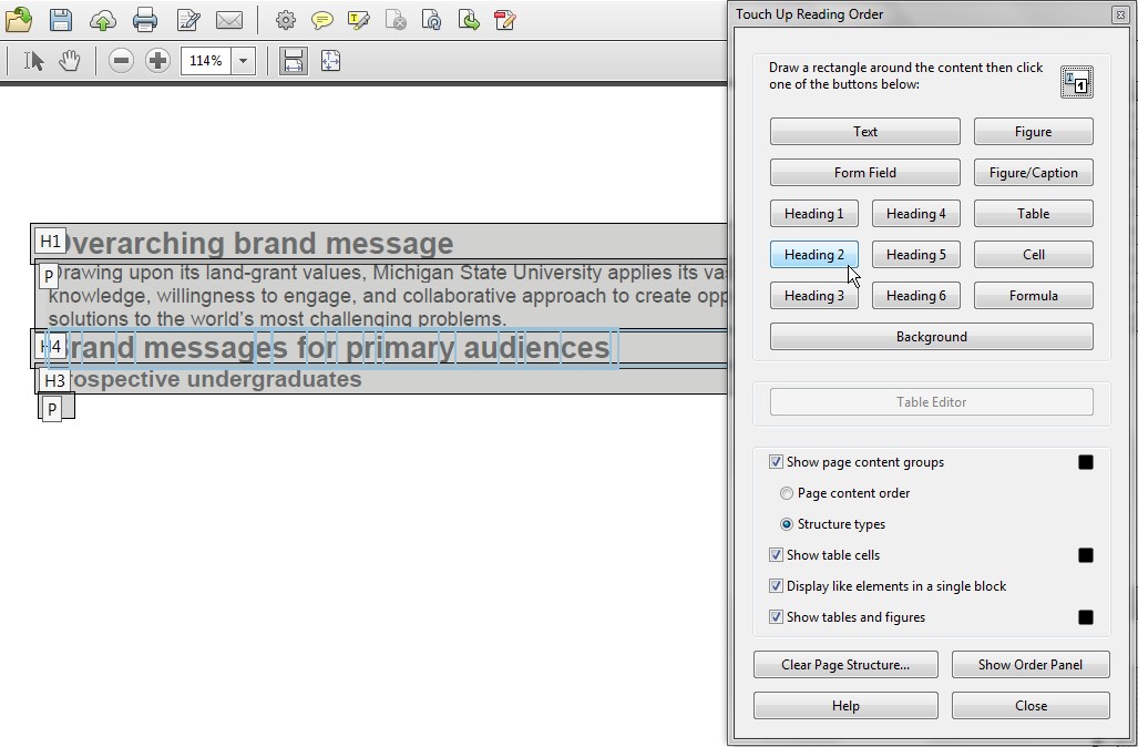 Document with improper headings and the Touch up Reading Order dialog box. Headings in the file are currently ordered Heading 1, Heading 4, and then Heading 3. The Heading 4 is being reassigned a Heading 2 role