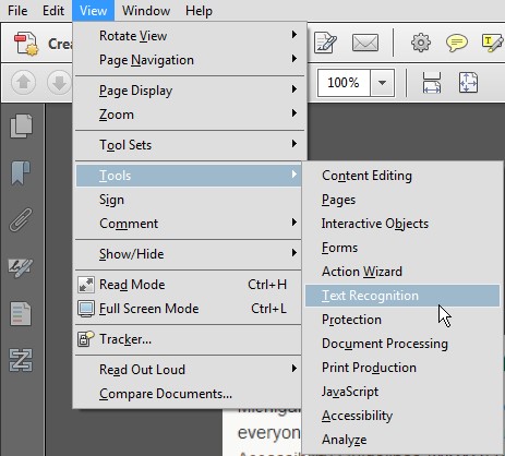 Acrobat's View menu open. The Tools option is expanded and Text Recognition is highlighted in this menu